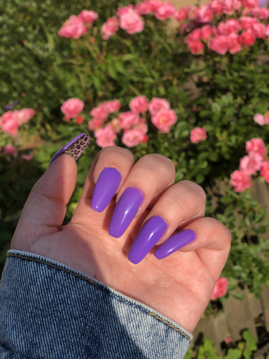 Hand met paarse nagellak